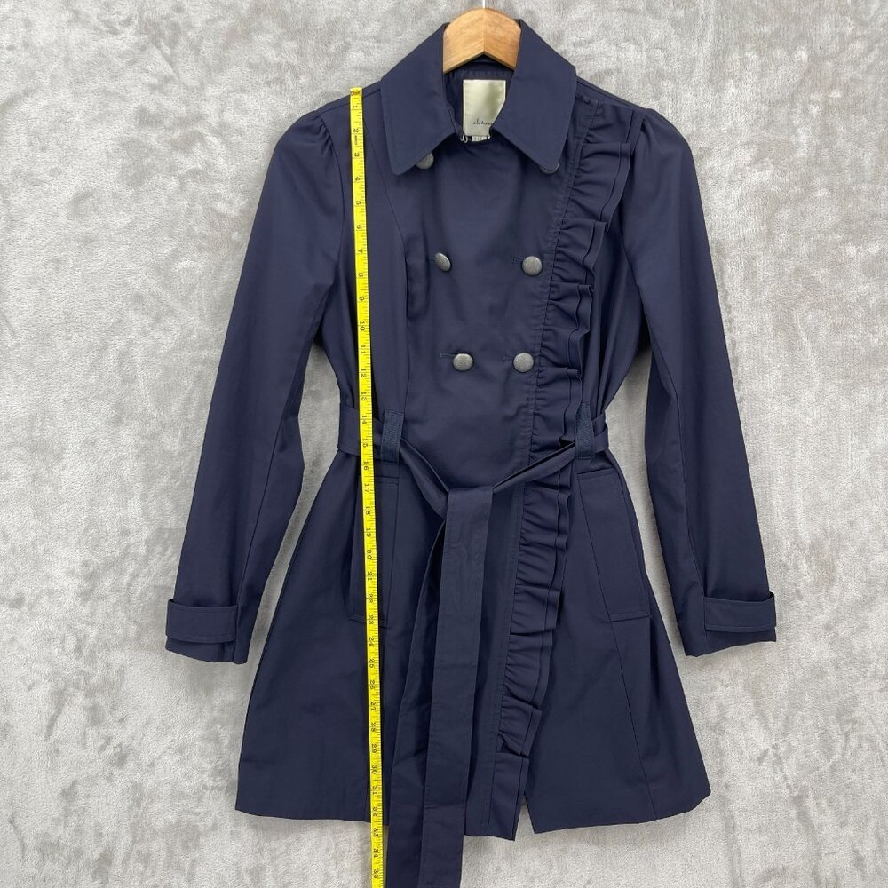 Elevenses Navy Ruffle Double Breasted Belted Mid Length Trench Coat - Picture 11 of 15